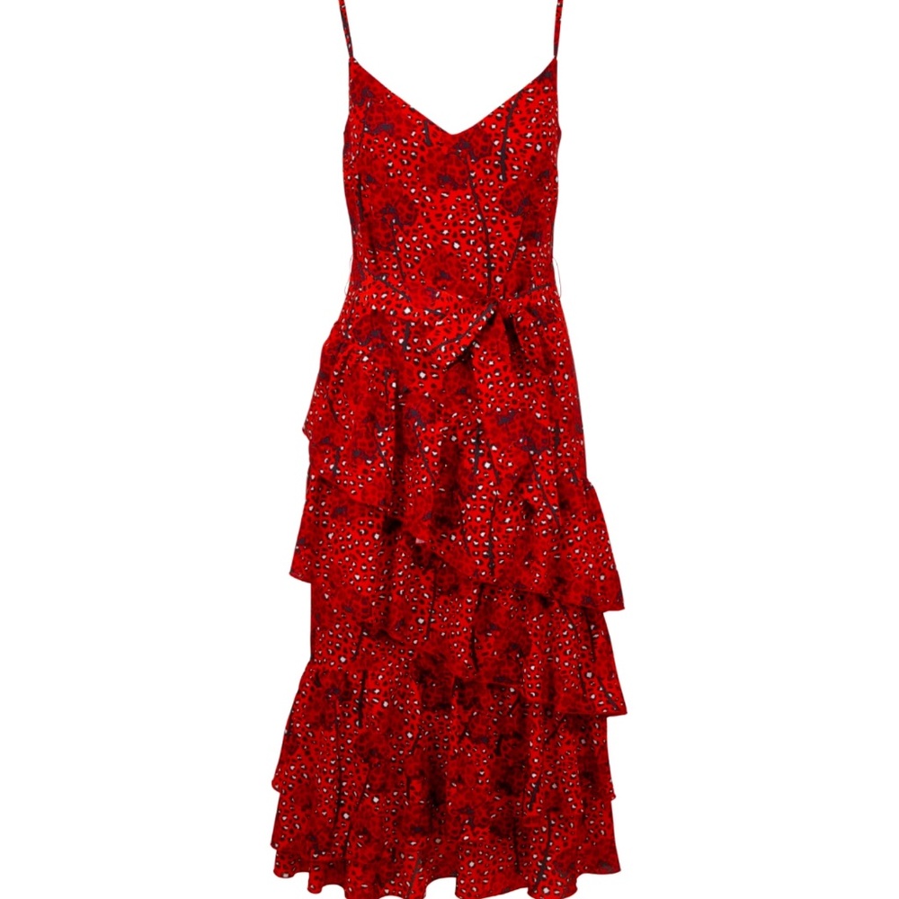 Borgo De Nor Coco Red Leopard & Orchids Tiered Crepe De Chine Maxi Dress